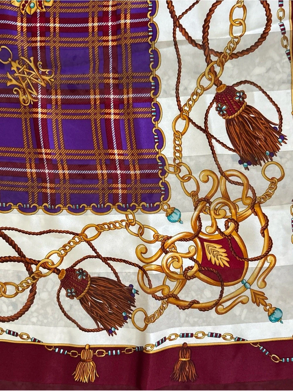 Vtg Dong-A Silk Sales Co Korea Scarf Purple Plaid Jewel Chain Tassel 34” Square